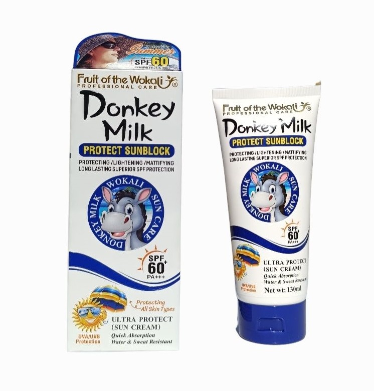 کرم ضد آفتاب بی رنگ شیر الاغ 130 میل SPF 60 (خر) وکالی Donkey Milk Wokali