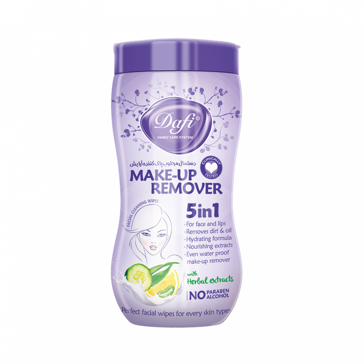 دستمال مرطوب پاک کننده آرایش قوطی یاسی 70 عددی مدل 5in1 ضد آب دافی Dafi