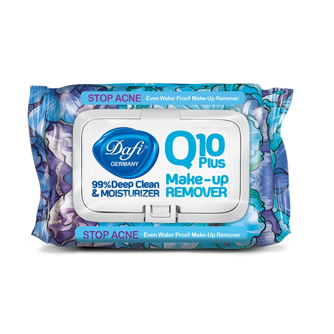 دستمال مرطوب پاک کننده آرایش مدل STOP IRRITATION سری Q10 درب دار 50 عددی ضد التهاب دافی Dafi