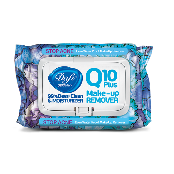 دستمال مرطوب پاک کننده آرایش مدل STOP IRRITATION سری Q10 درب دار 50 عددی ضد التهاب دافی Dafi