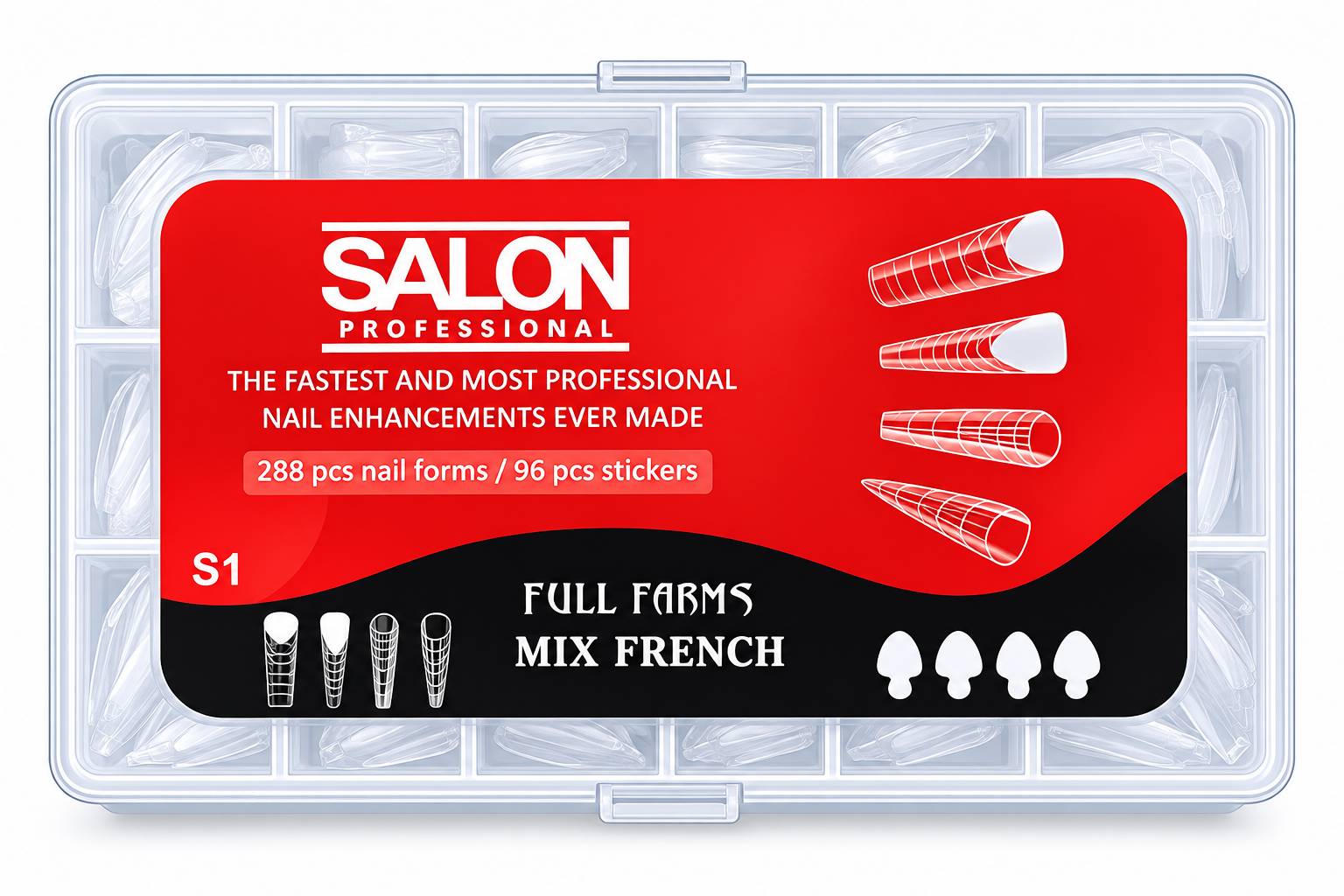 قالب موقت کاشت ژل ناخن 4 طرح میکس 288 عدد با اسمایل پیپر کد S1 قرمز سالن Salon